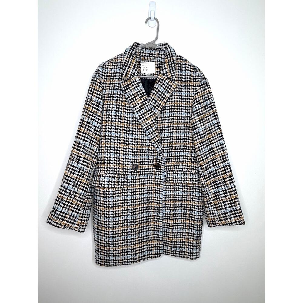 Tweed Double Breasted Houndstooth Jacket Overcoat Women's M Chic Classic Preppy